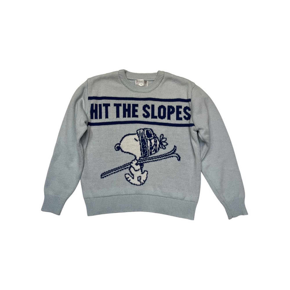 Peanuts Snoopy Hit The Slopes Light Blue Knit Skiing Graphic Pullover Sweater XS